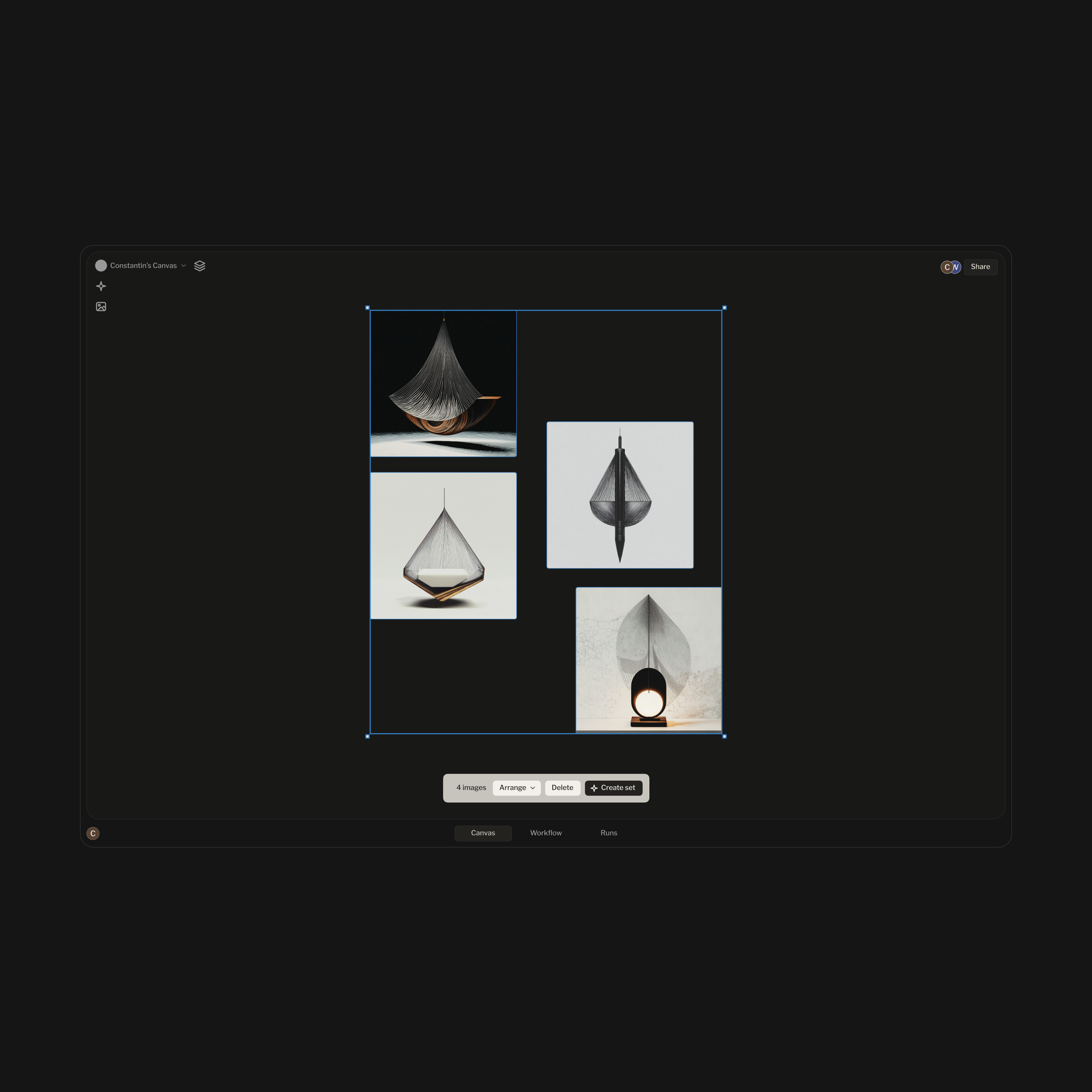 The canvas — four images gathered under a live selection, the cream bar offering to fold them into a set.