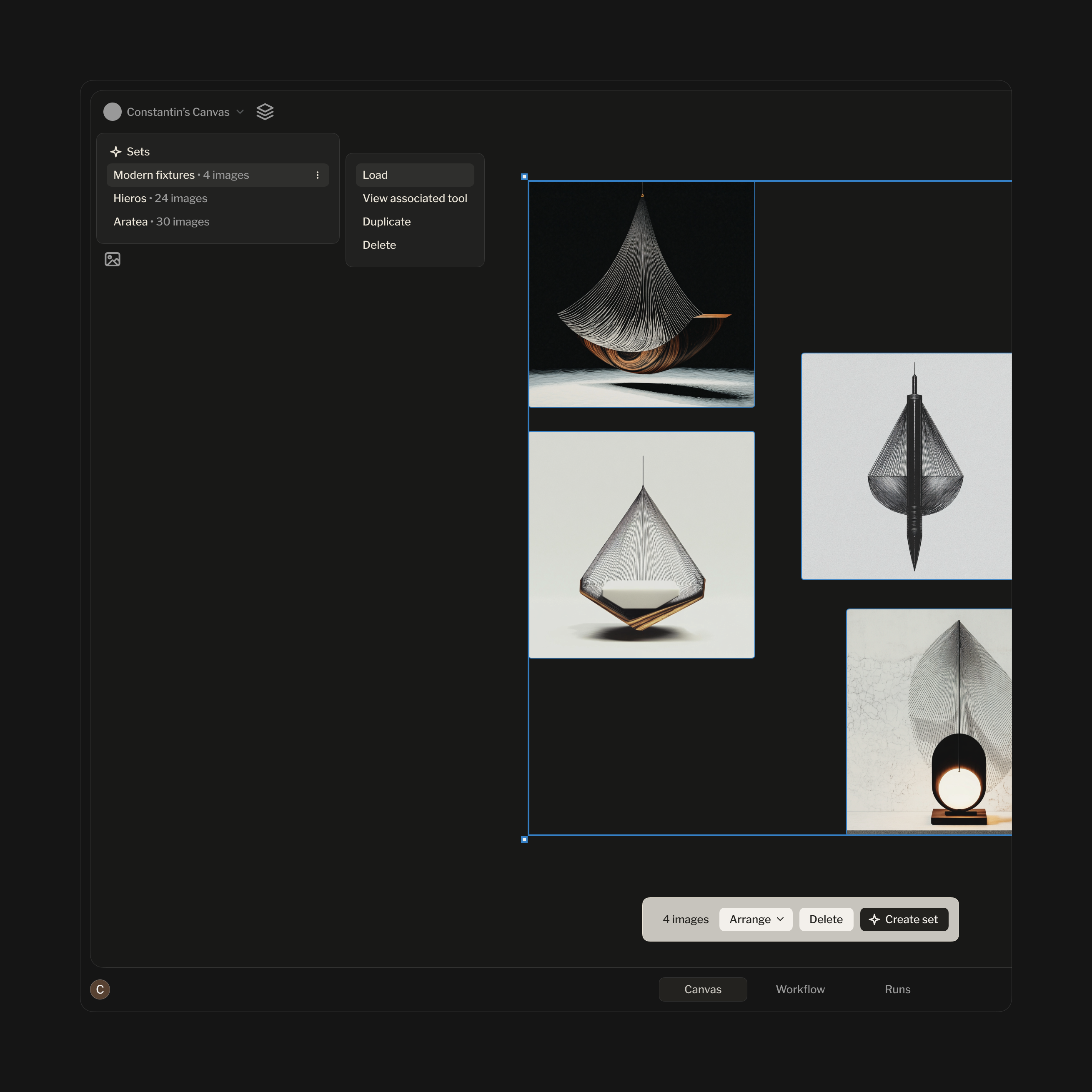 The sets panel — Modern fixtures, Hieros and Aratea, a set's context menu open over the selection.