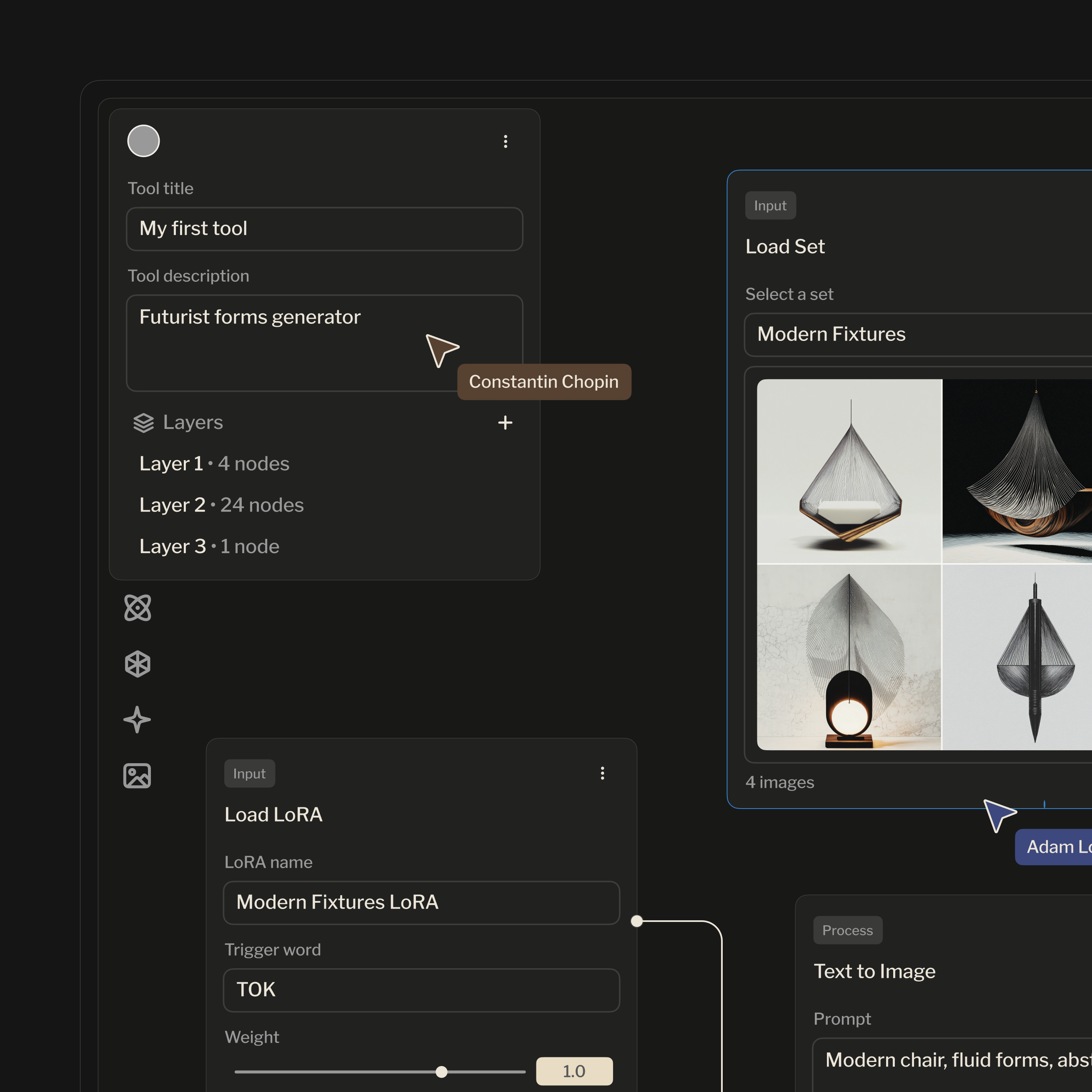 A tool in composition — its layers, and a Load LoRA node carrying trigger word and weight as fields.