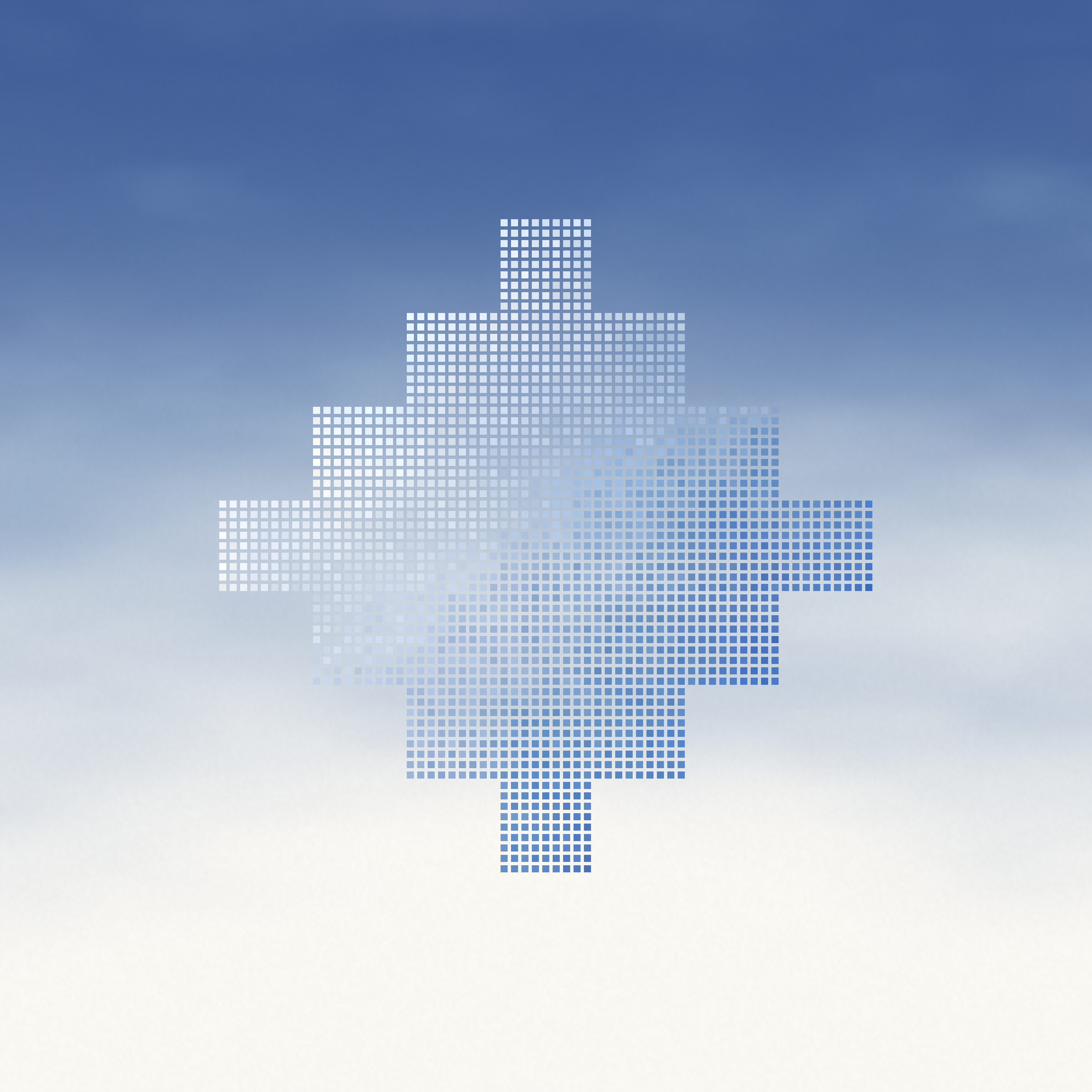 The mark — a seven-row staircase in light inks, arriving square by square on the painting's sky.