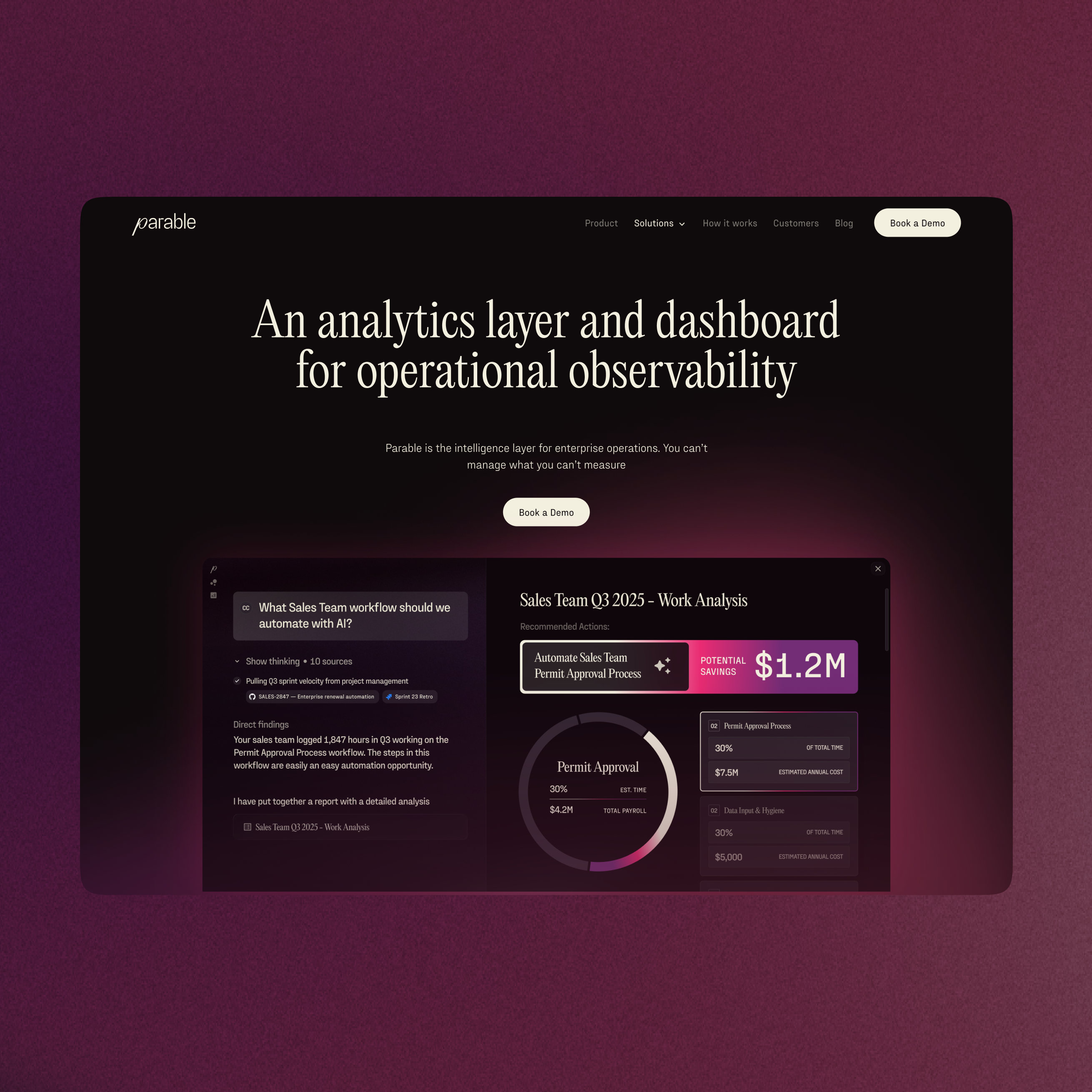 The product site — an analytics layer for operational observability, the ask on the left and a costed work analysis on the right.