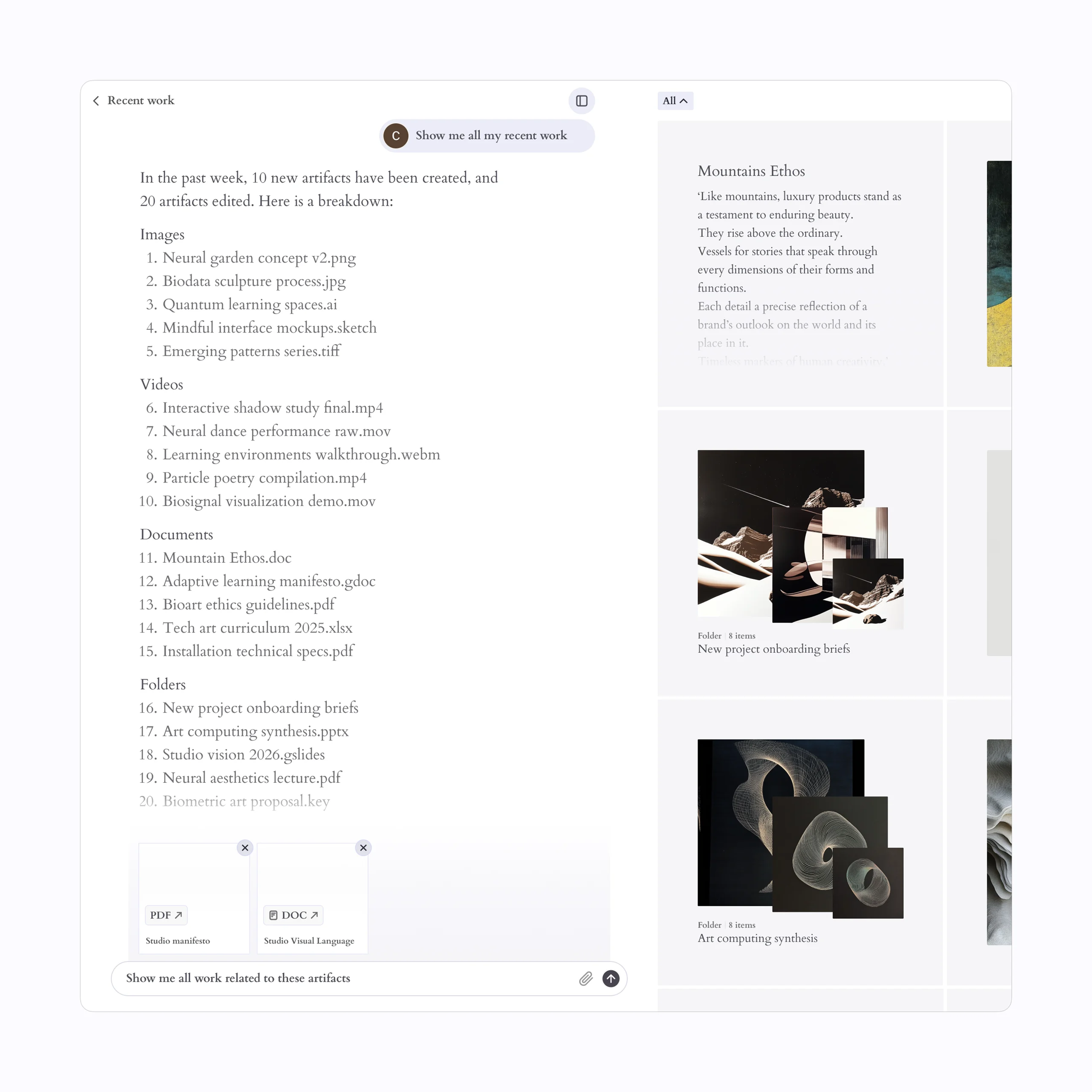 A natural-language query resolved across images, video and documents, with artifacts attached to the ask.