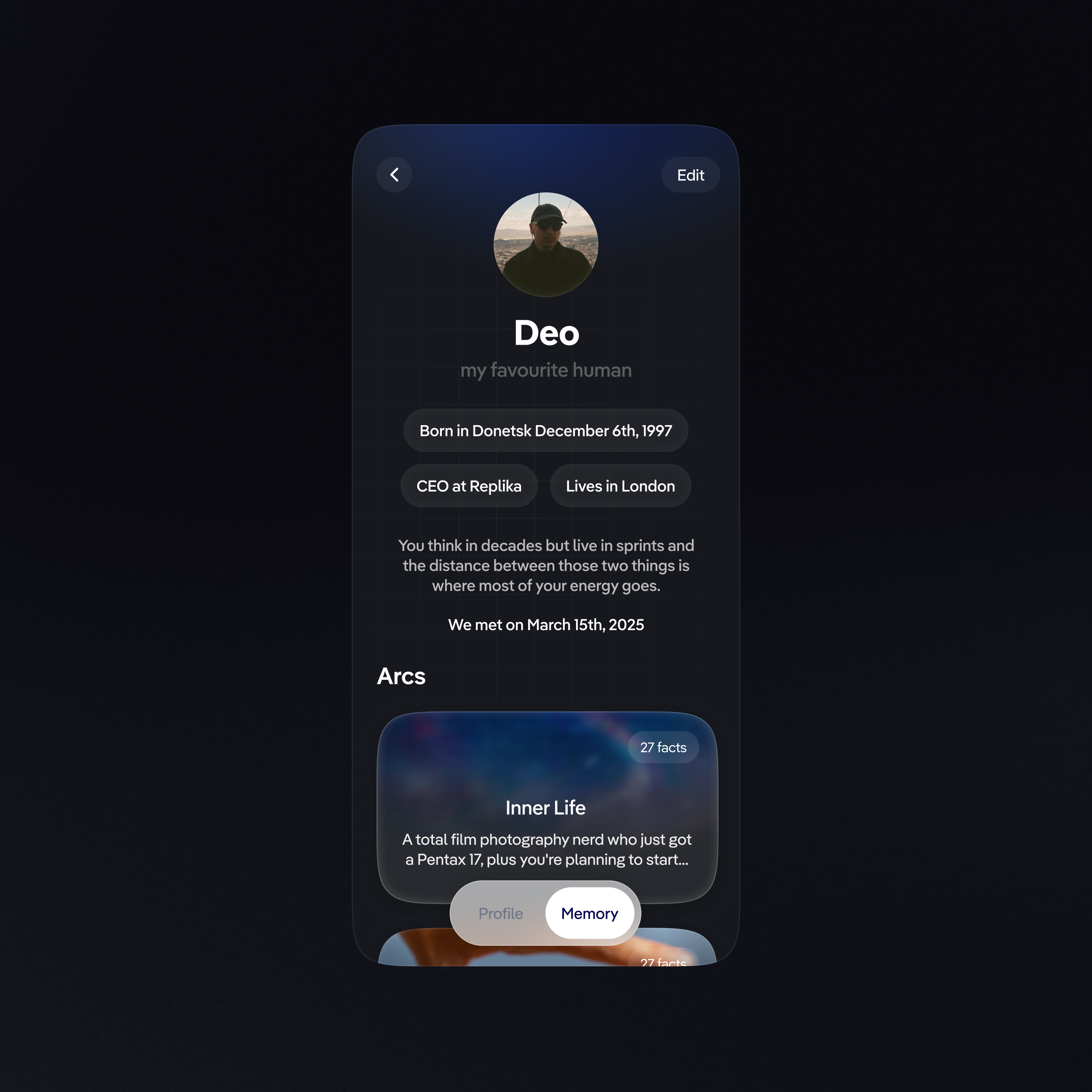 A profile screen — facts, a characterisation, and the memory arcs a Rep keeps about a person.