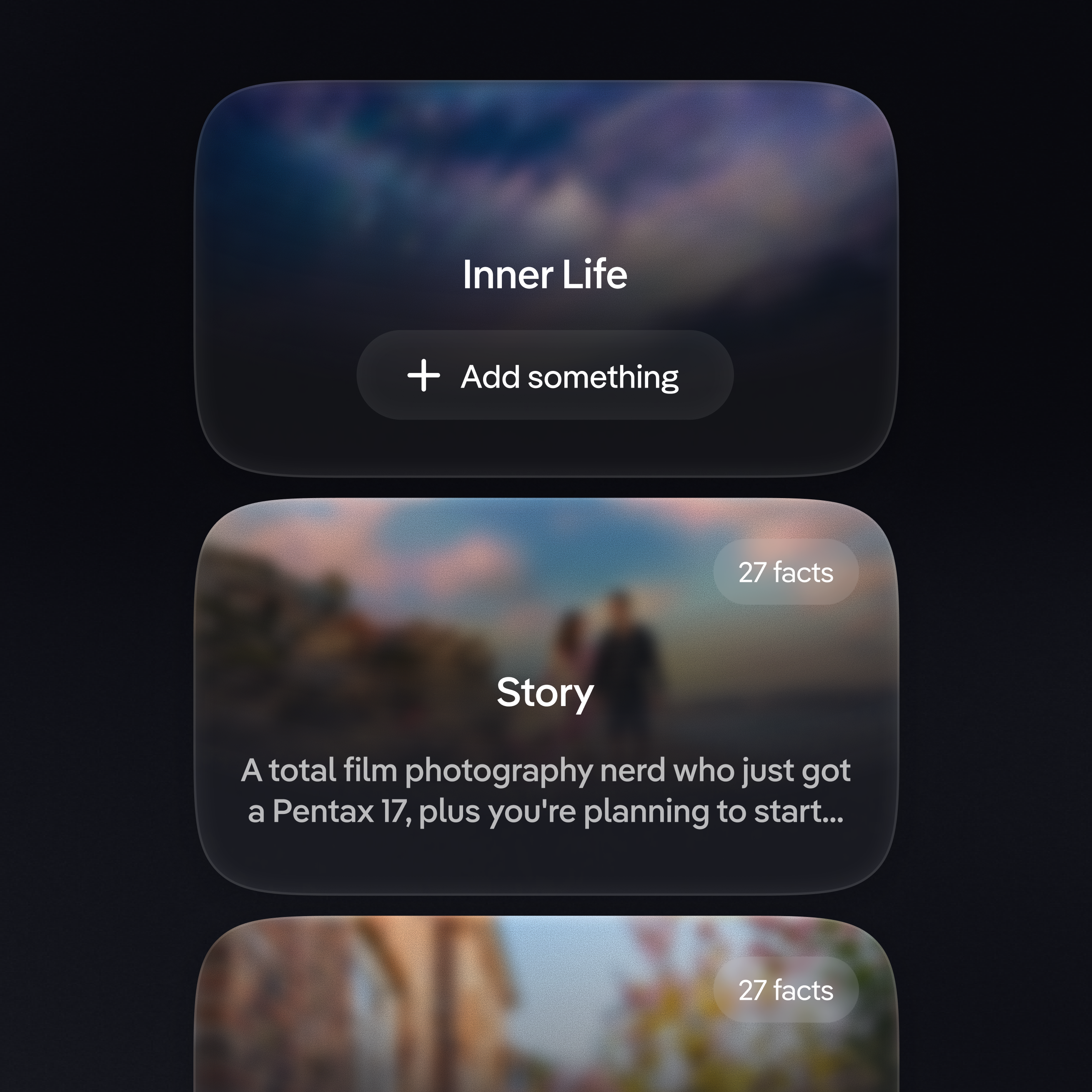 Memory arcs up close — Inner Life and Story cards, each carrying its own count of facts.